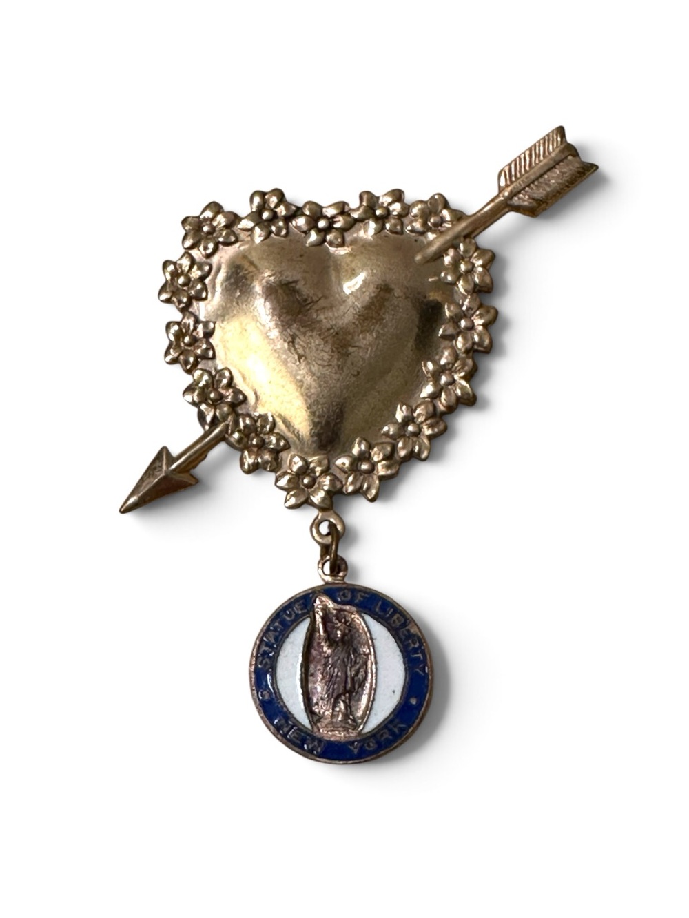 Vintage silver-tone New York souvenir Heart & Arrow Dangle  brooch